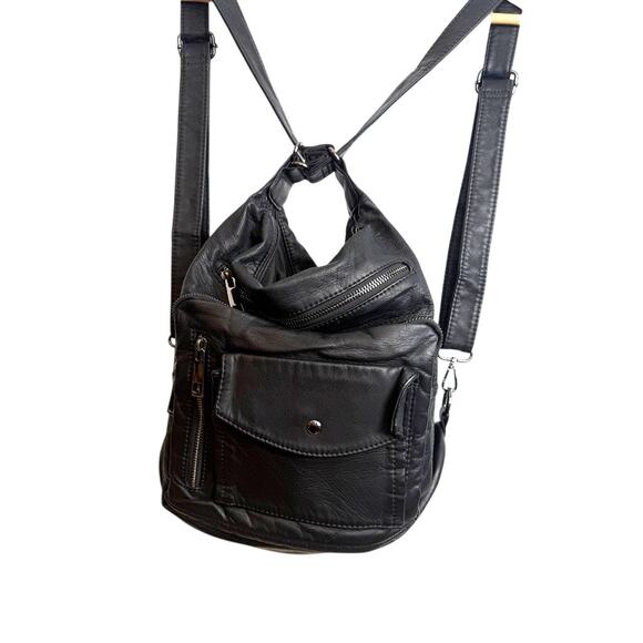 Unbranded Black Faux Leather Convertible Backpack Hobo Bag Multi-Pocket - Picture 7 of 14